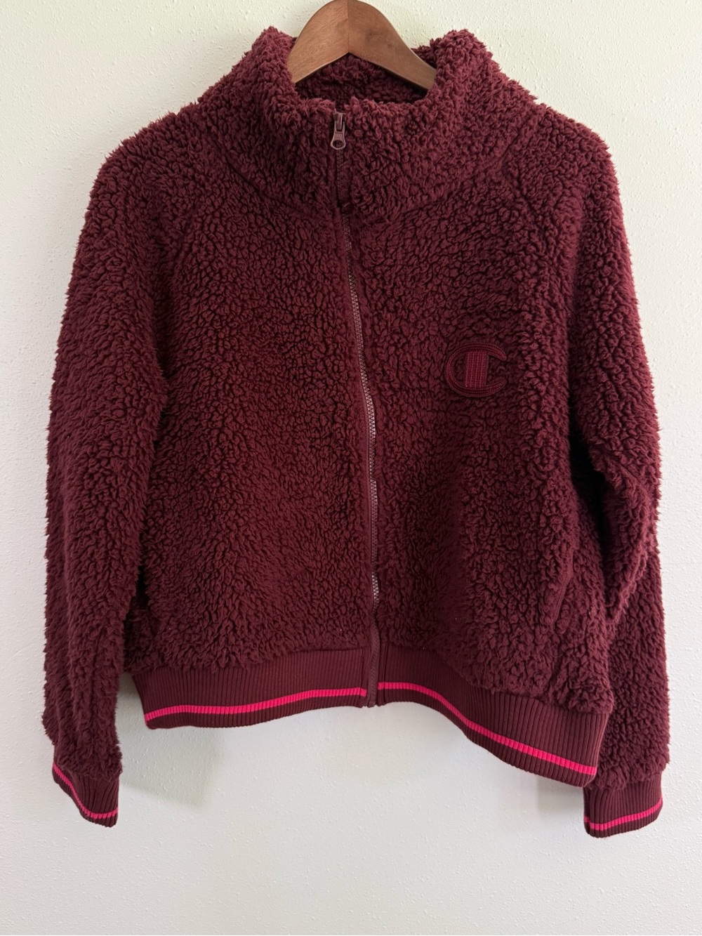 Champion Sherpa Fleece Full Zip Jacket Burgundy Pink Trim Women’s Large